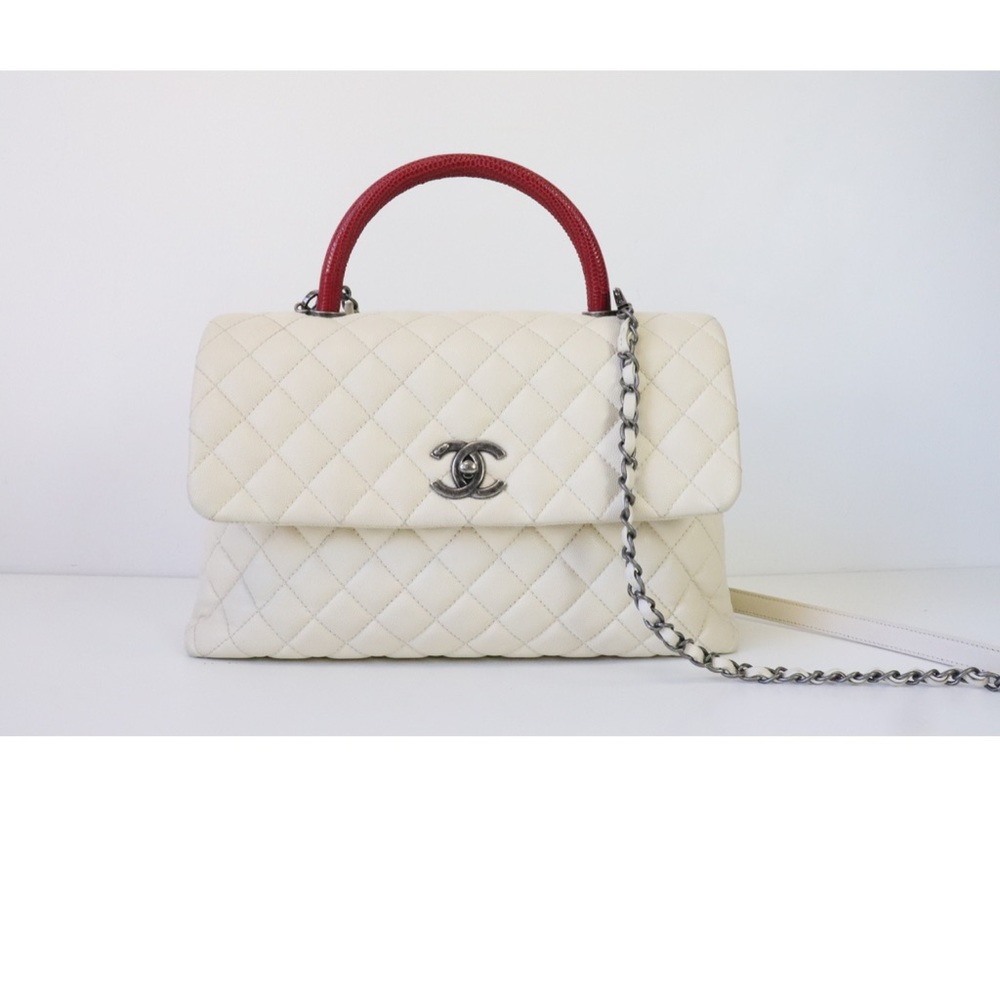 Chanel Coco Large, Ivory Caviar Leather, Exotic Handle, Preowned in Dustbag